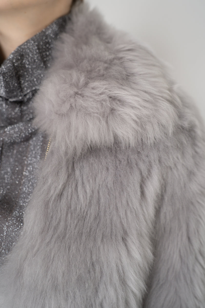 Fabiana Filippi Brushed Shearling Collared Coat in Light Grey