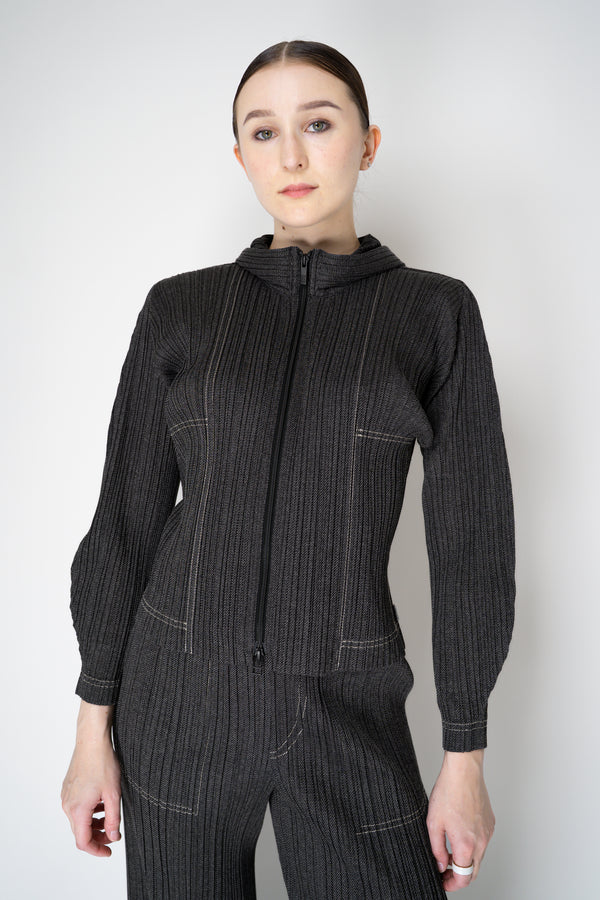 Pleats Please Issey Miyake Cotton Denim Cropped Zip Jacket in Dark Grey Wash