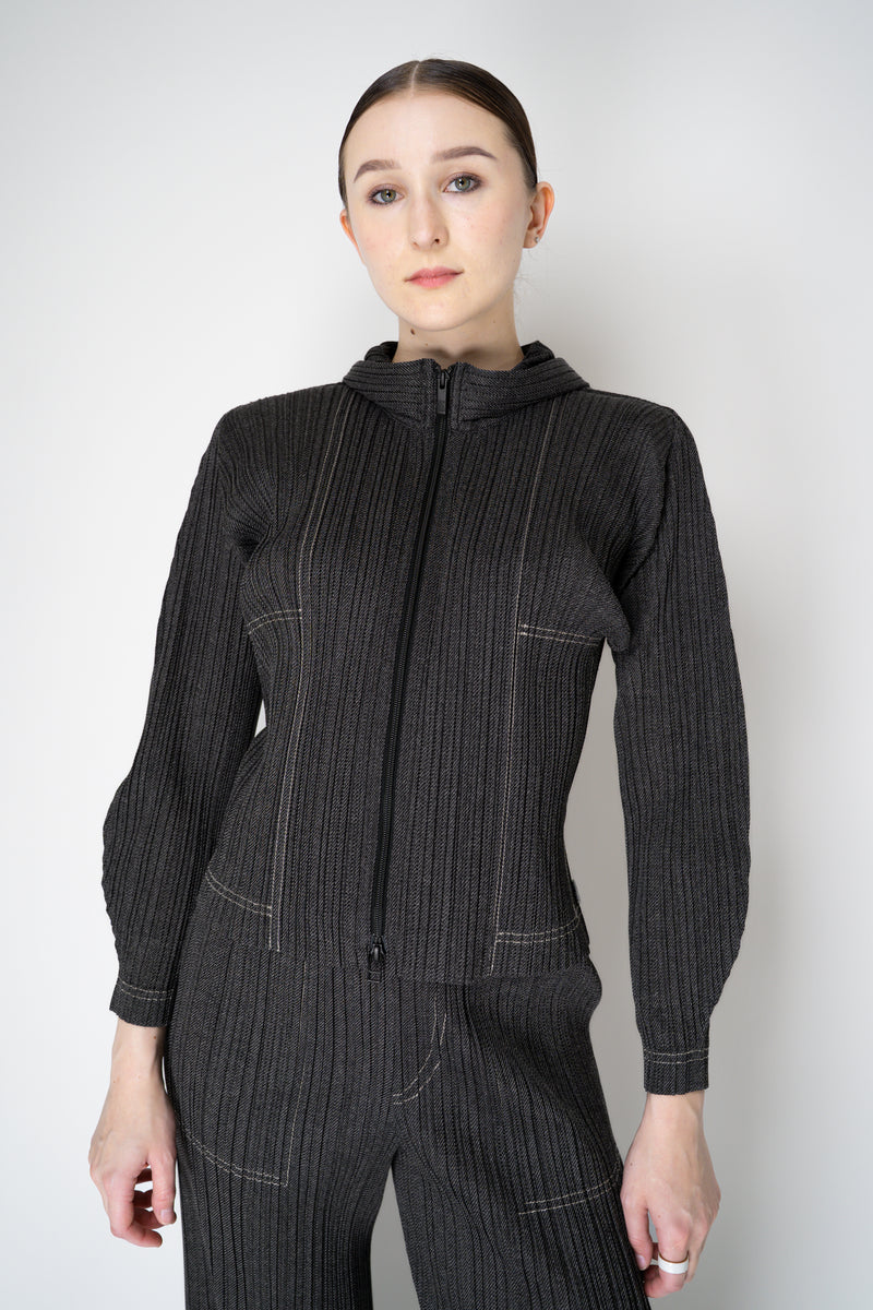 Pleats Please Issey Miyake Cotton Denim Cropped Zip Jacket in Dark Grey Wash