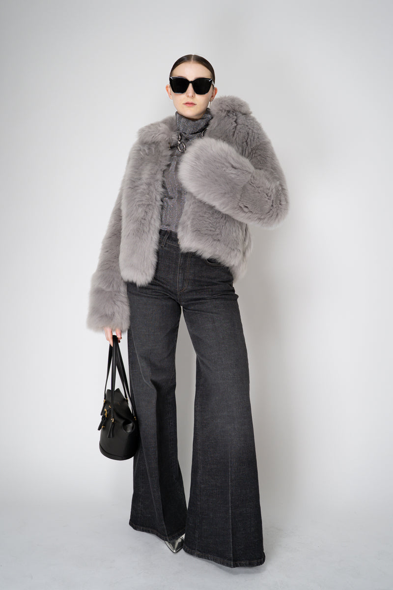 Fabiana Filippi Brushed Shearling Collared Coat in Light Grey