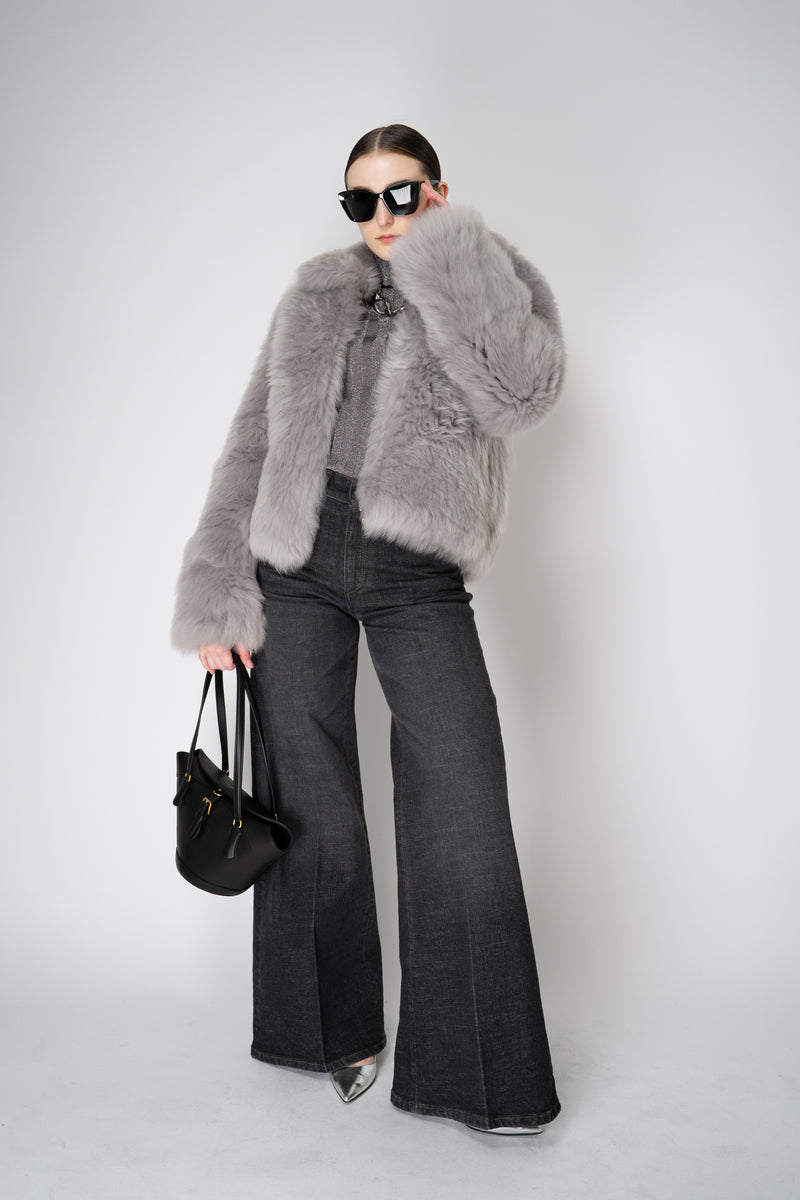Fabiana Filippi Brushed Shearling Collared Coat in Light Grey