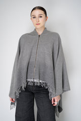 Peserico Wool Cashmere Fringe Zip Poncho in Grey