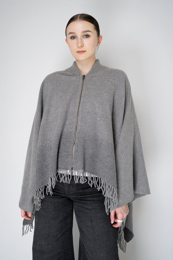 Peserico Wool Cashmere Fringe Zip Poncho in Grey