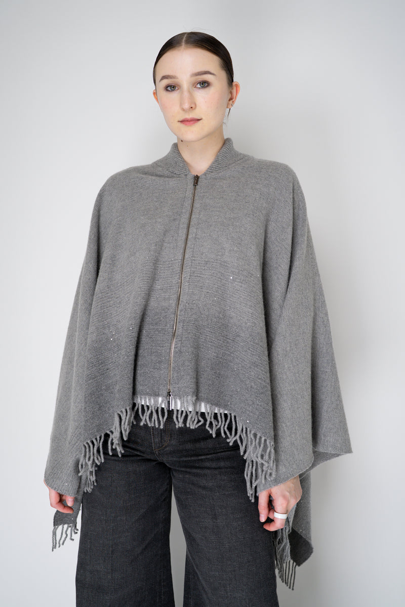 Peserico Wool Cashmere Fringe Zip Poncho in Grey