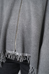 Peserico Wool Cashmere Fringe Zip Poncho in Grey