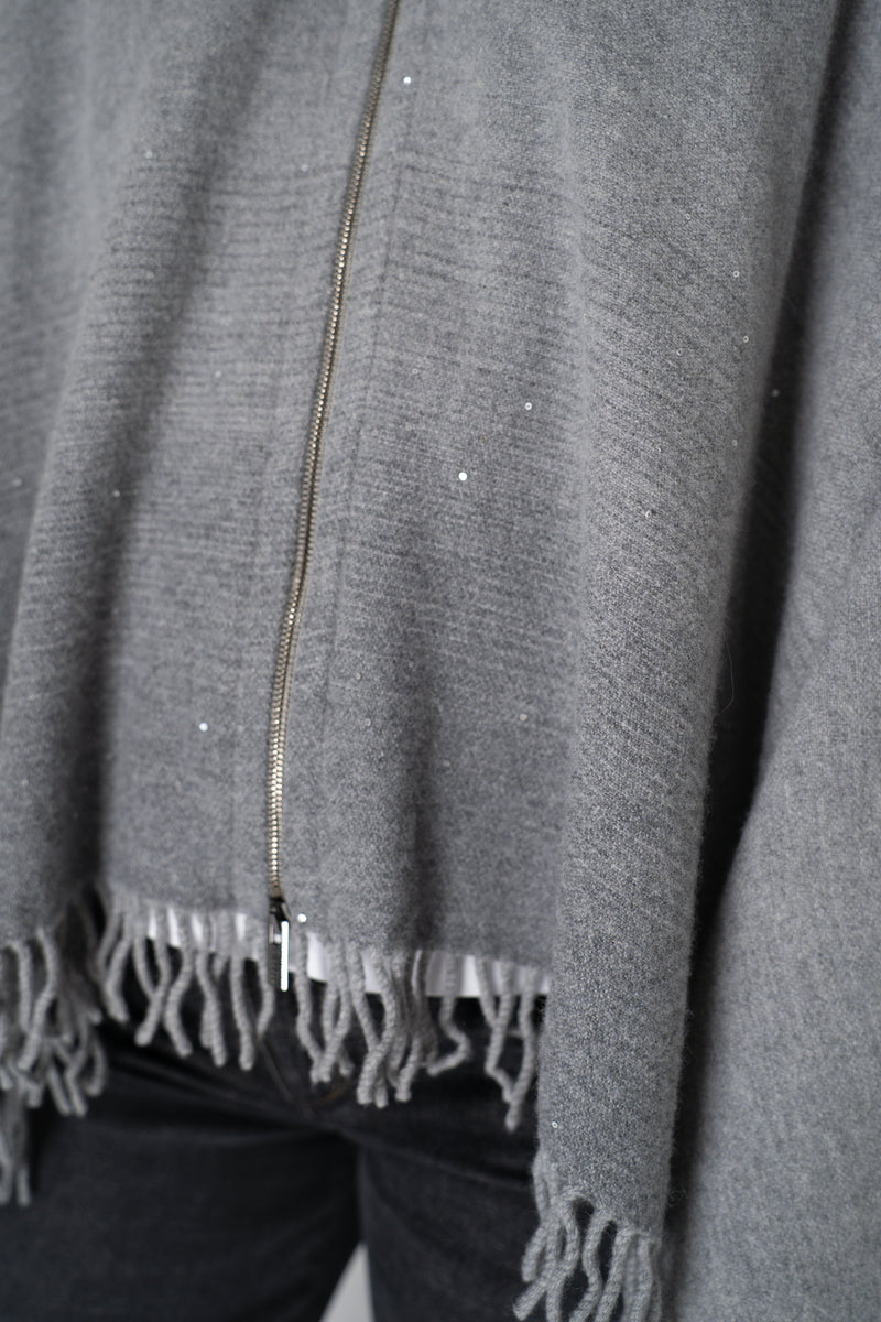 Peserico Wool Cashmere Fringe Zip Poncho in Grey