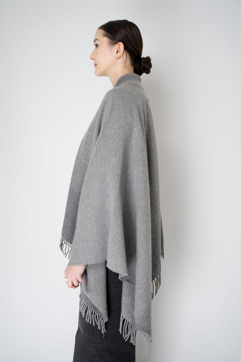 Peserico Wool Cashmere Fringe Zip Poncho in Grey