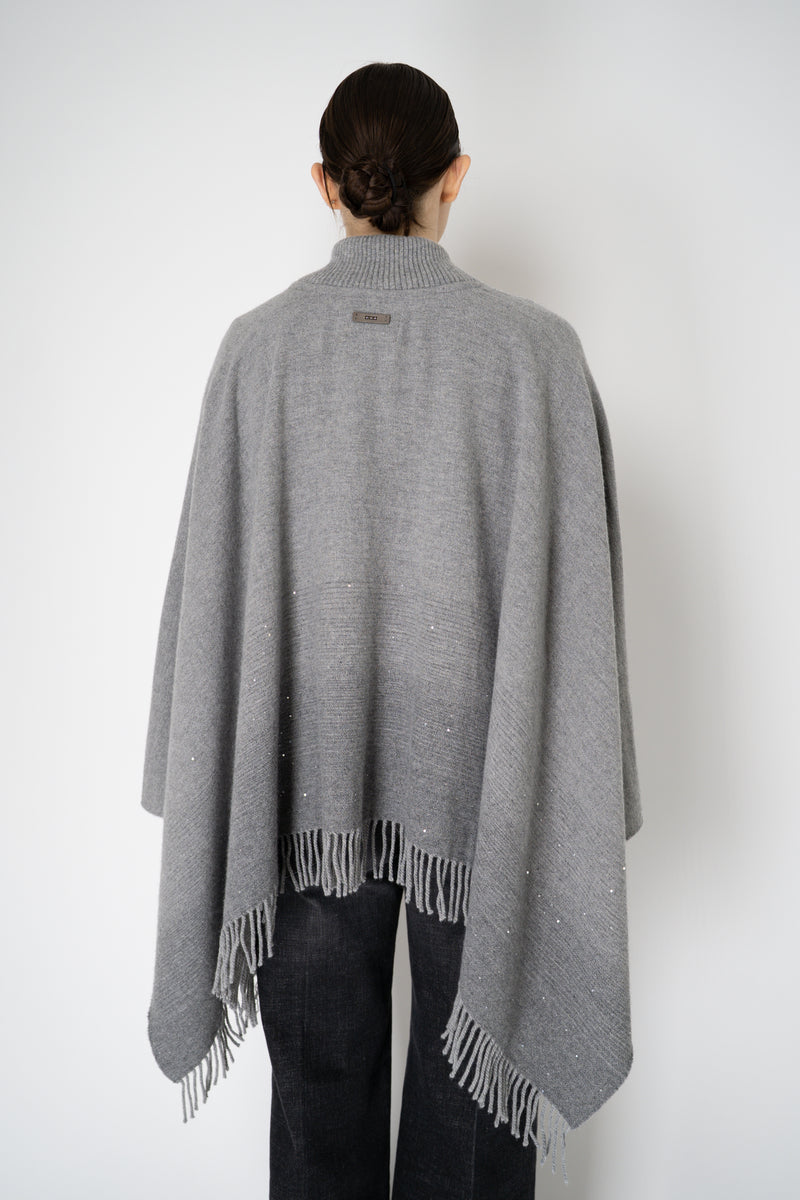 Peserico Wool Cashmere Fringe Zip Poncho in Grey