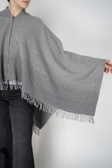 Peserico Wool Cashmere Fringe Zip Poncho in Grey