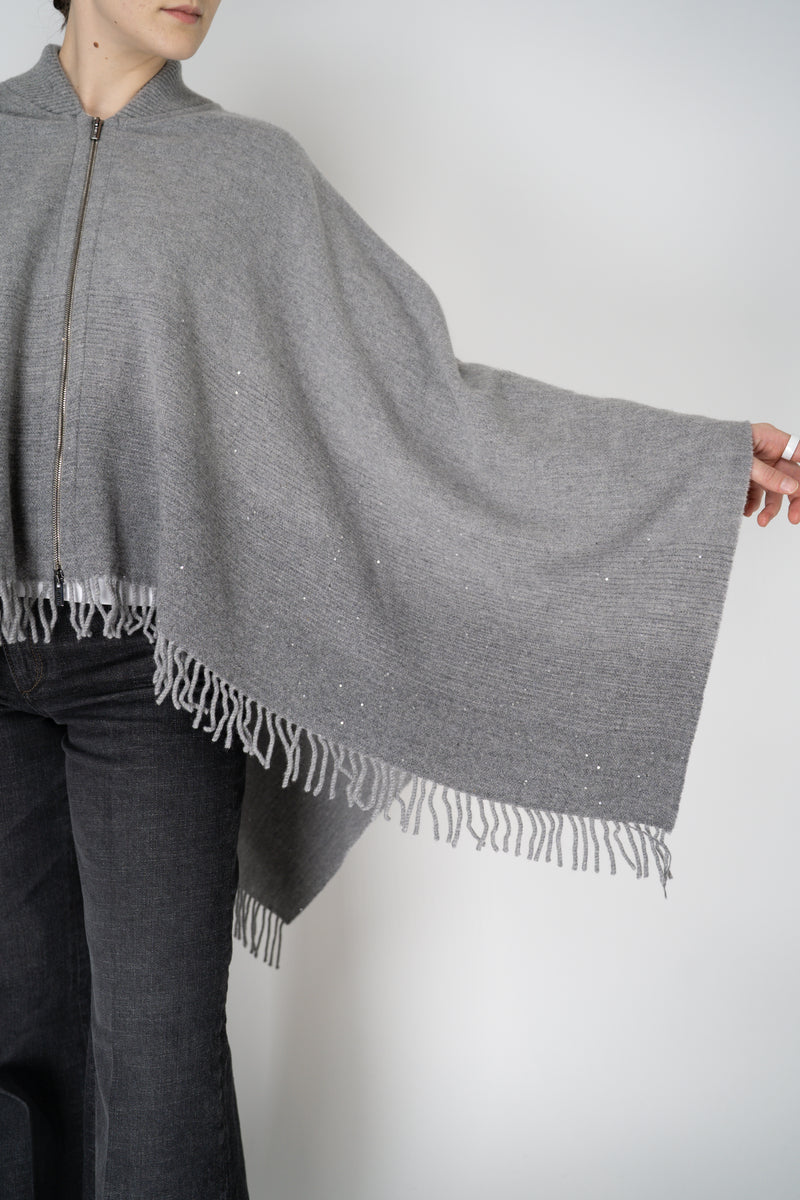 Peserico Wool Cashmere Fringe Zip Poncho in Grey