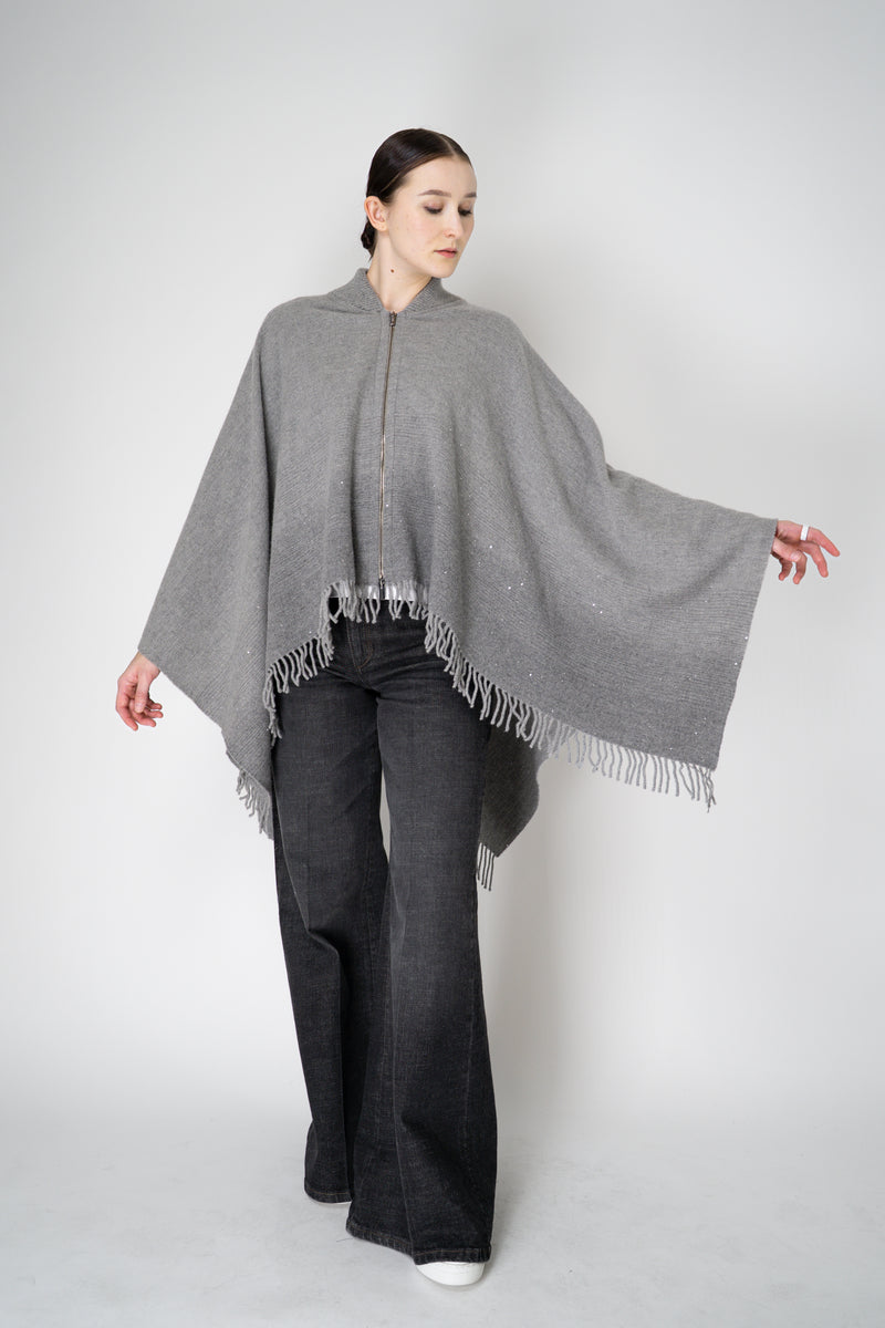 Peserico Wool Cashmere Fringe Zip Poncho in Grey
