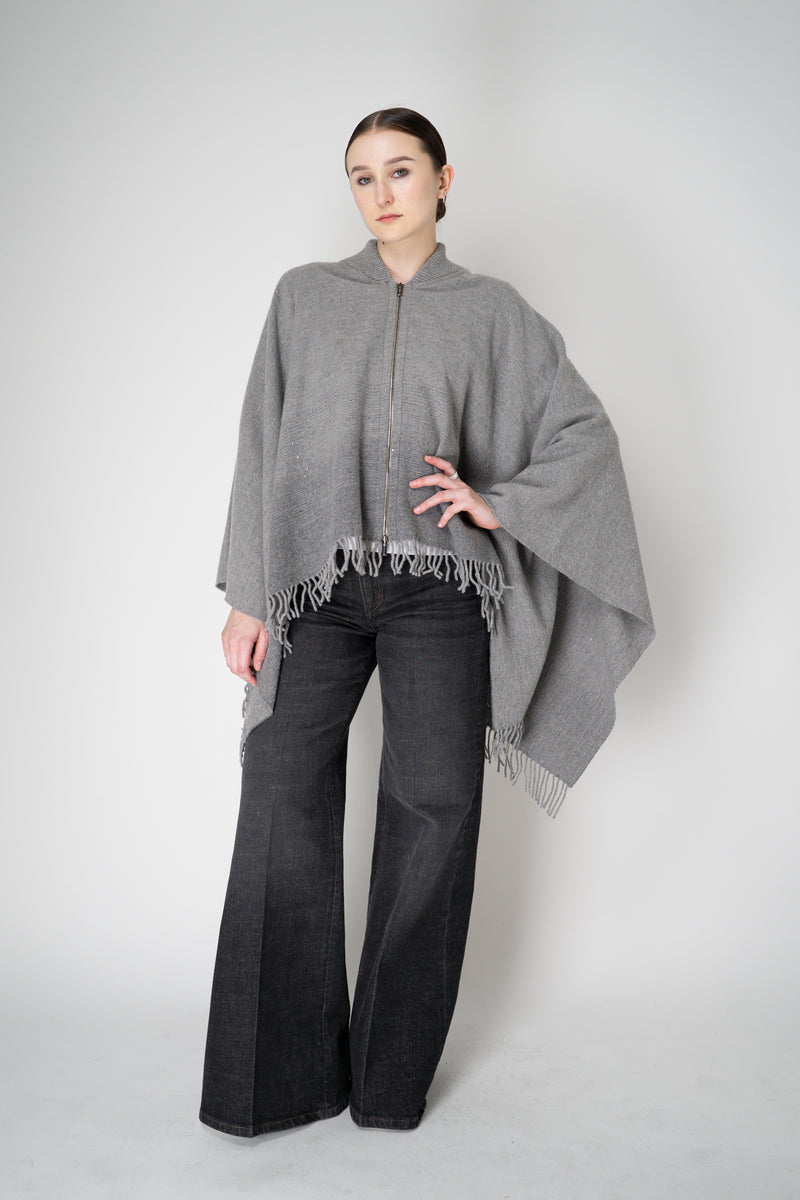 Peserico Wool Cashmere Fringe Zip Poncho in Grey