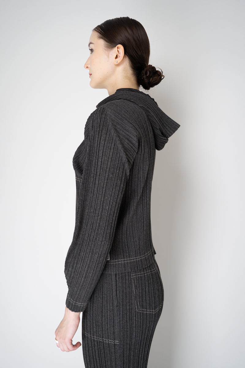 Pleats Please Issey Miyake Cotton Denim Cropped Zip Jacket in Dark Grey Wash