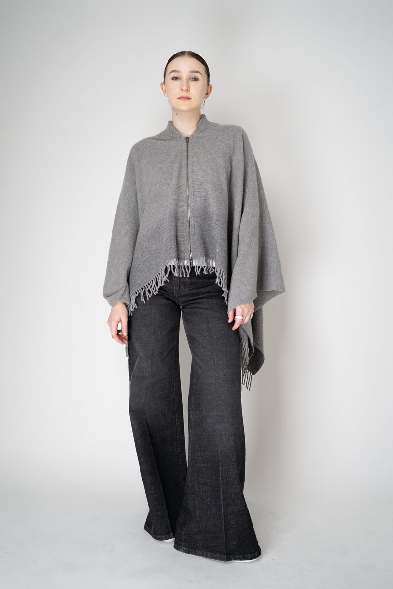 Peserico Wool Cashmere Fringe Zip Poncho in Grey