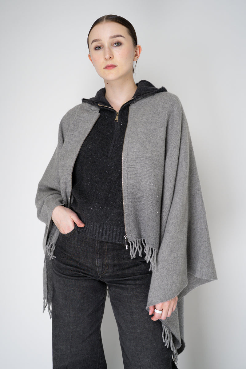 Peserico Wool Cashmere Fringe Zip Poncho in Grey