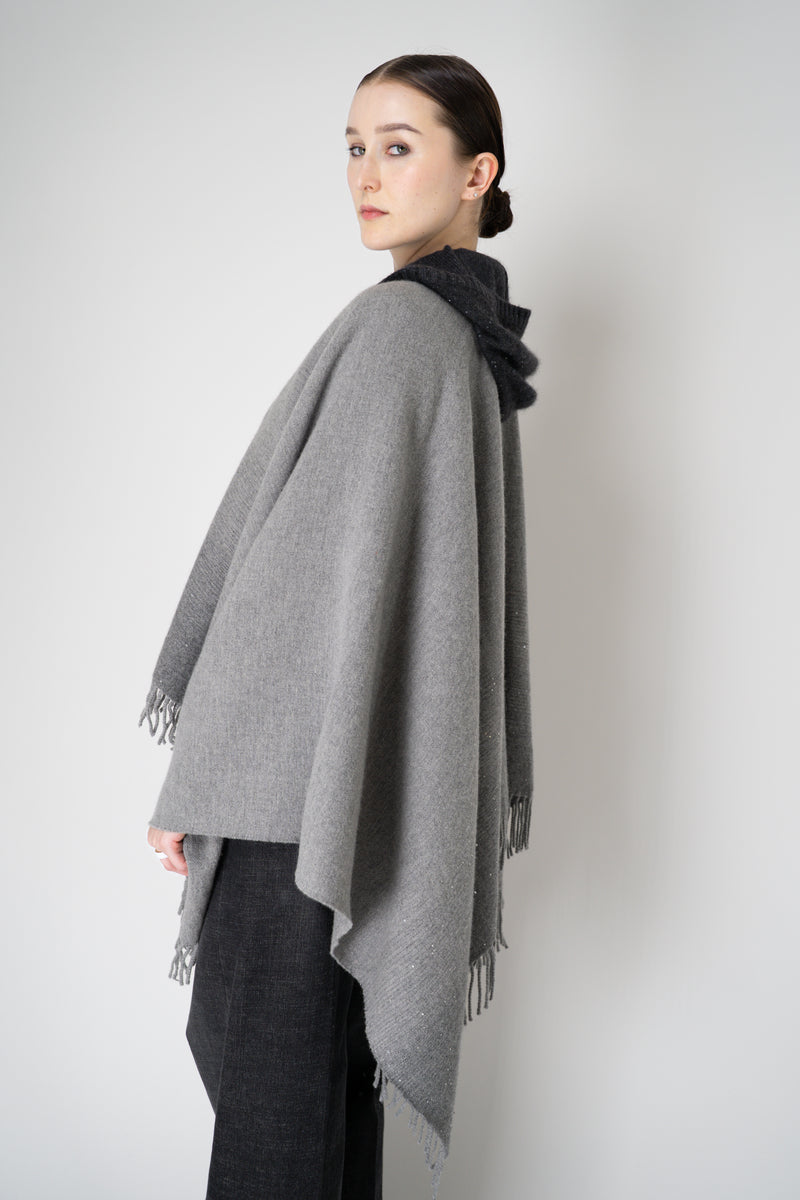Peserico Wool Cashmere Fringe Zip Poncho in Grey