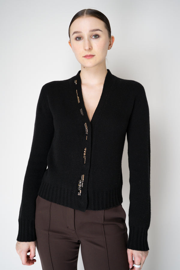 Fabiana Filippi Wool Cashmere Knit Cardigan with Embellished Jewel Trim in Black