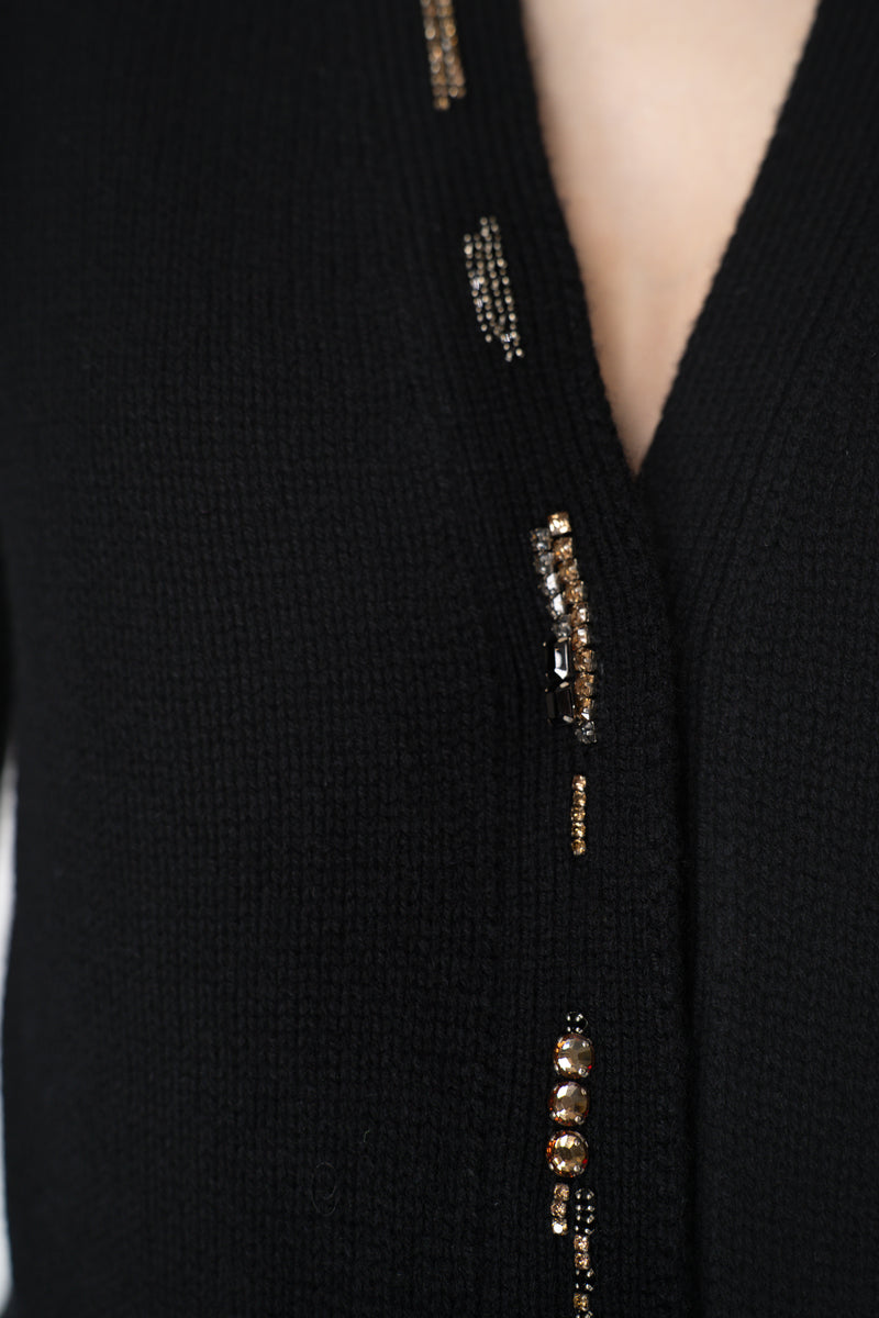 Fabiana Filippi Wool Cashmere Knit Cardigan with Embellished Jewel Trim in Black