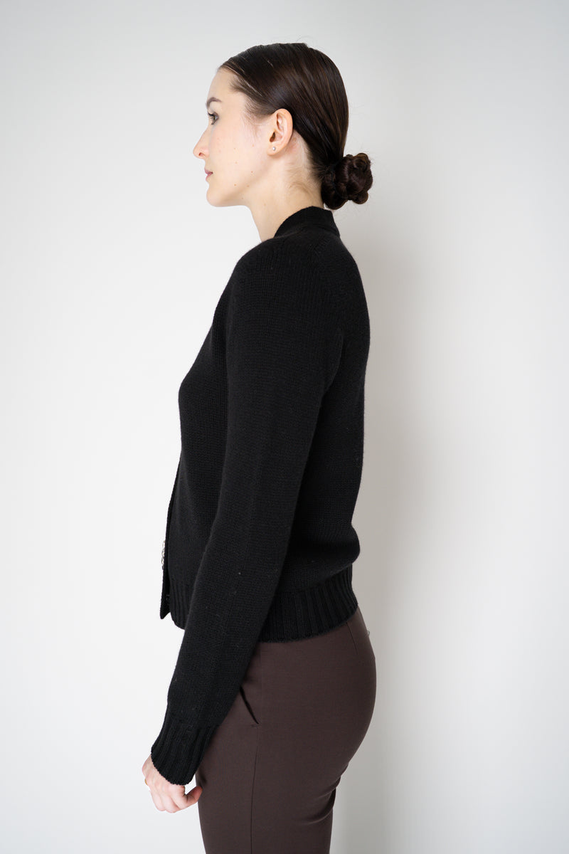 Fabiana Filippi Wool Cashmere Knit Cardigan with Embellished Jewel Trim in Black