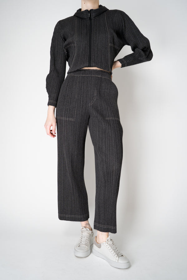 Pleats Please Issey Miyake Cotton Denim Straight Leg Pants in Dark Grey Wash