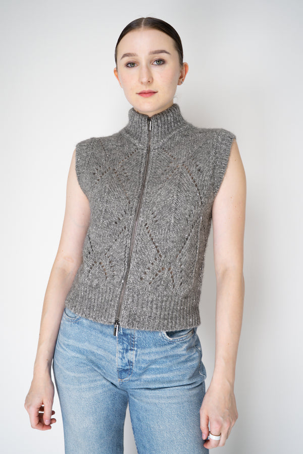Peserico Alpaca Blend Openwork Knit Zip Vest in Grey