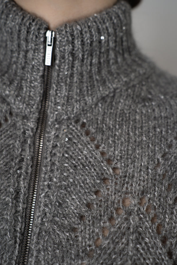 Peserico Alpaca Blend Openwork Knit Zip Vest in Grey