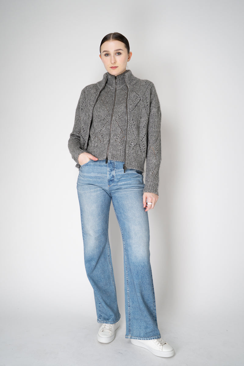 Peserico Alpaca Blend Openwork Knit Zip Vest in Grey