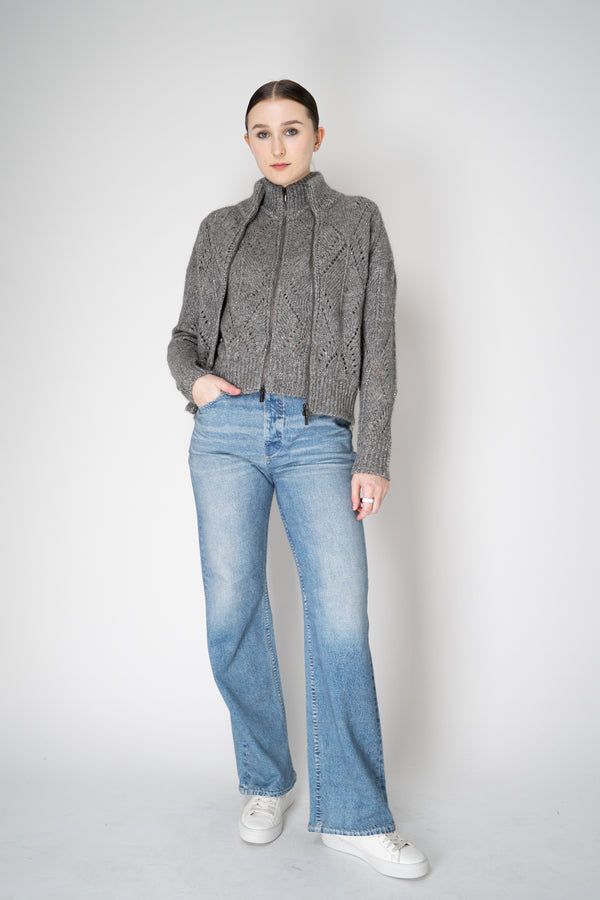 Peserico Alpaca Blend Openwork Knit Zip Jacket in Grey