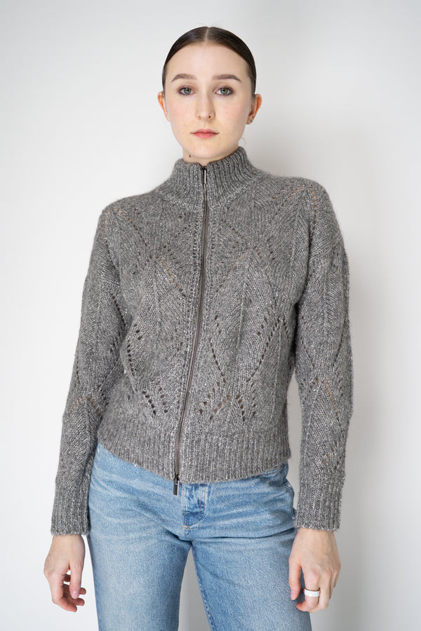Peserico Alpaca Blend Openwork Knit Zip Jacket in Grey