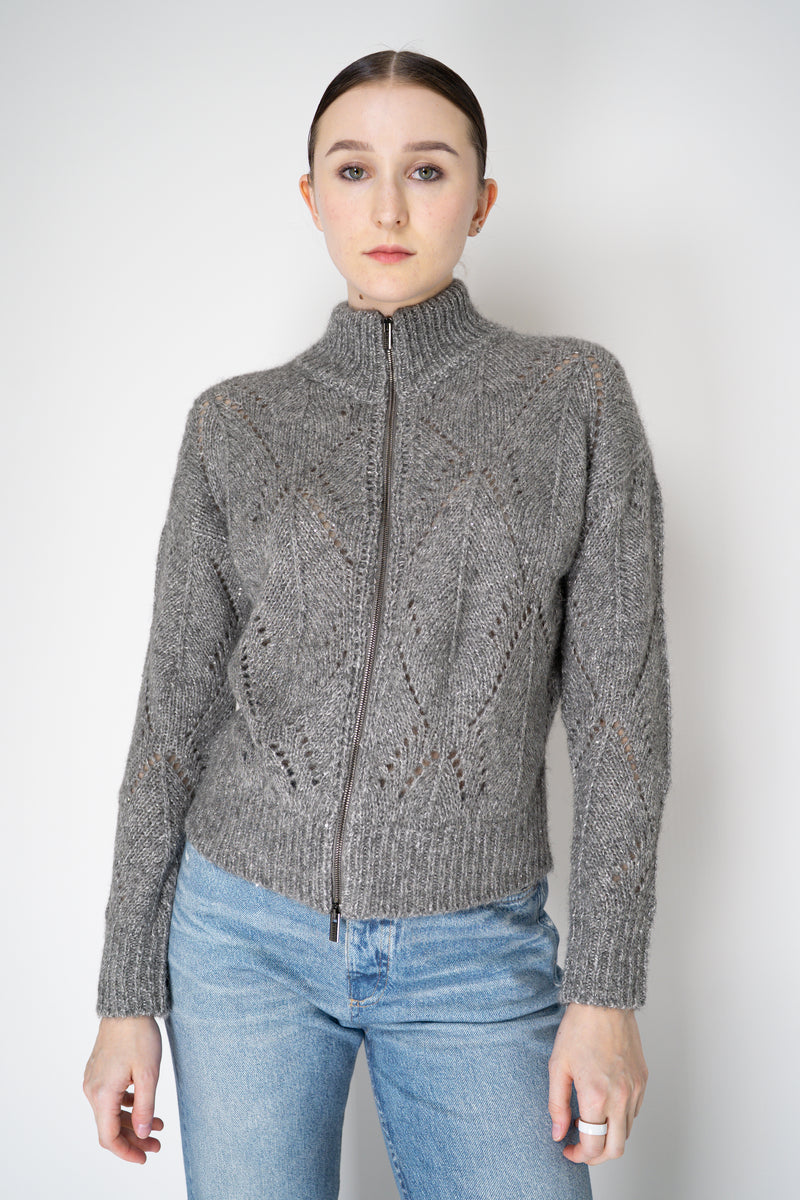 Peserico Alpaca Blend Openwork Knit Zip Jacket in Grey