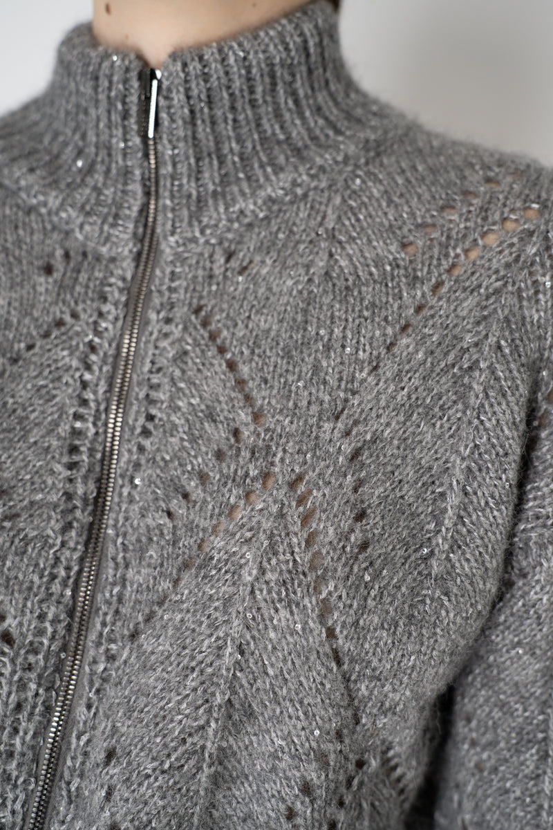 Peserico Alpaca Blend Openwork Knit Zip Jacket in Grey