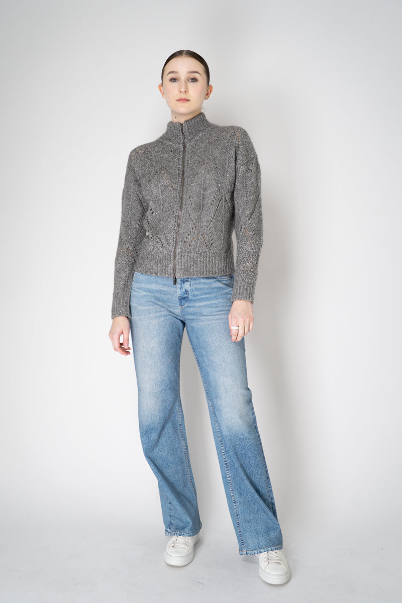 Peserico Alpaca Blend Openwork Knit Zip Jacket in Grey