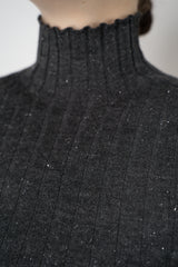 Peserico Virgin Wool Ribbed Lurex Mock Neck Pullover in Dark Grey