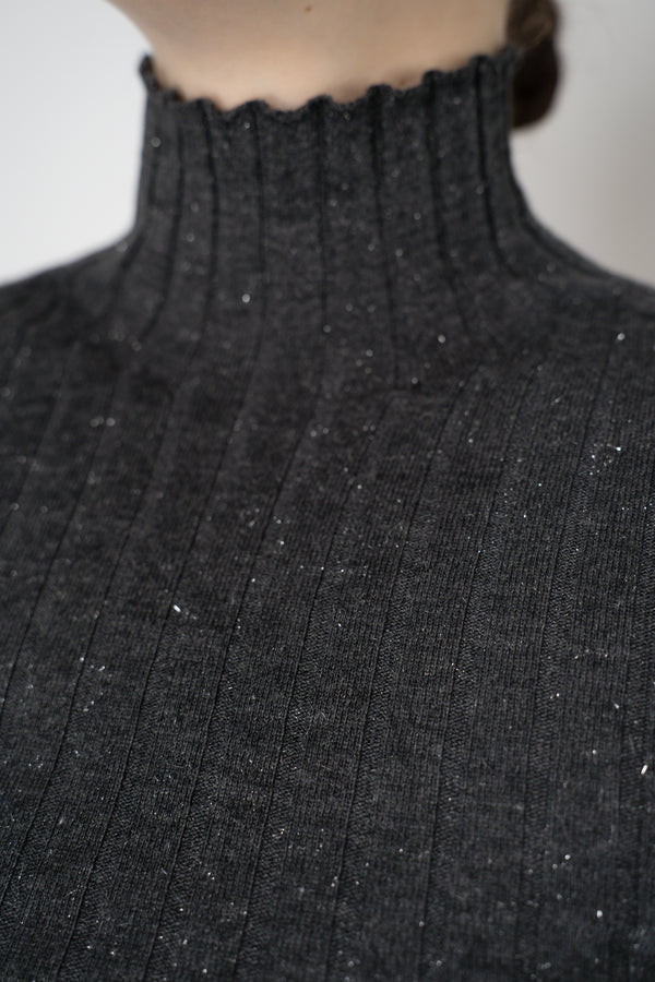 Peserico Virgin Wool Ribbed Lurex Mock Neck Pullover in Dark Grey