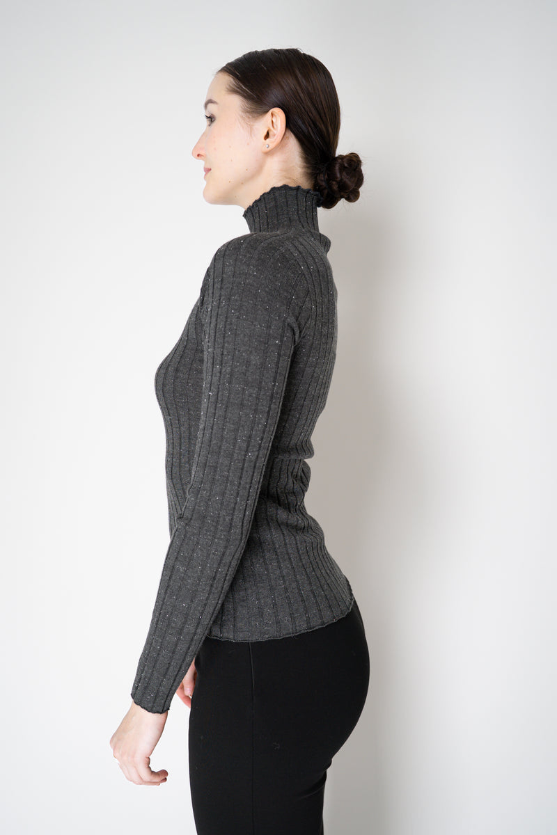 Peserico Virgin Wool Ribbed Lurex Mock Neck Pullover in Dark Grey