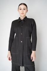 Pleats Please Issey Miyake Cotton Denim Collared Coat in Dark Grey Wash