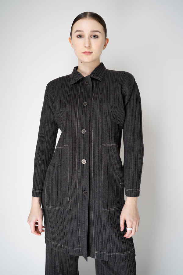 Pleats Please Issey Miyake Cotton Denim Collared Coat in Dark Grey Wash