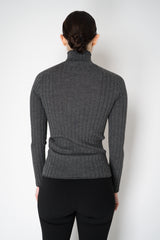 Peserico Virgin Wool Ribbed Lurex Mock Neck Pullover in Dark Grey