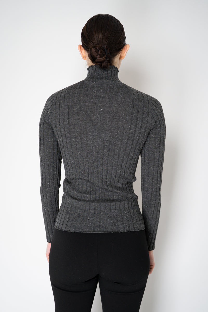 Peserico Virgin Wool Ribbed Lurex Mock Neck Pullover in Dark Grey