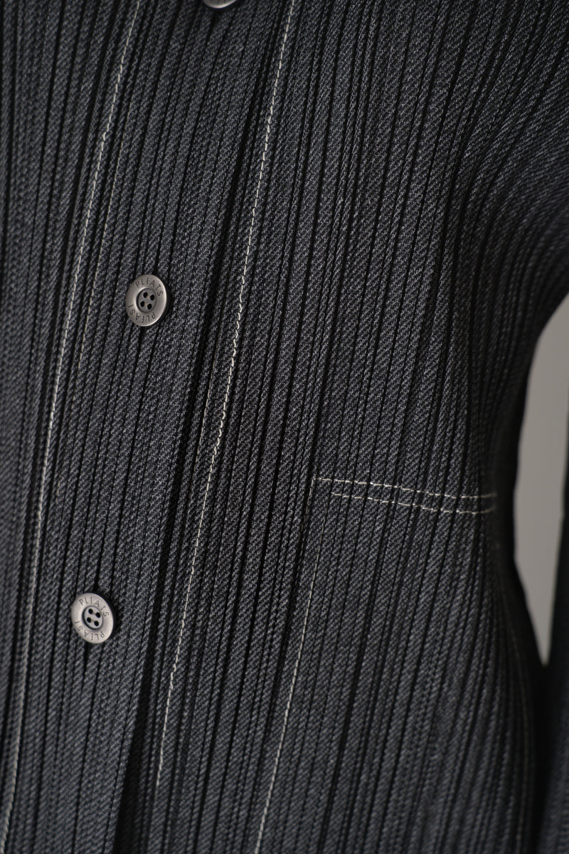 Pleats Please Issey Miyake Cotton Denim Collared Coat in Dark Grey Wash