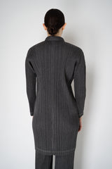 Pleats Please Issey Miyake Cotton Denim Collared Coat in Dark Grey Wash