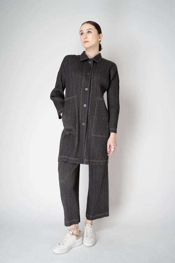 Pleats Please Issey Miyake Cotton Denim Collared Coat in Dark Grey Wash