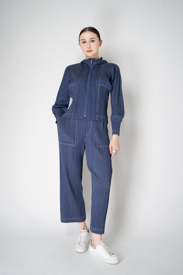 Pleats Please Issey Miyake Cotton Denim Cropped Zip Jacket in Medium Blue Wash
