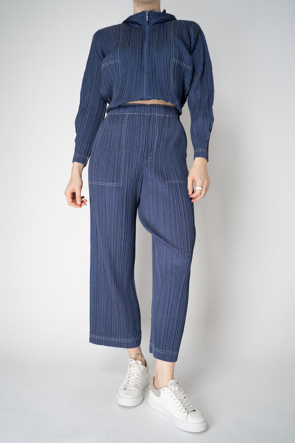 Pleats Please Issey Miyake Cotton Denim Straight Leg Pants in Medium Blue Wash