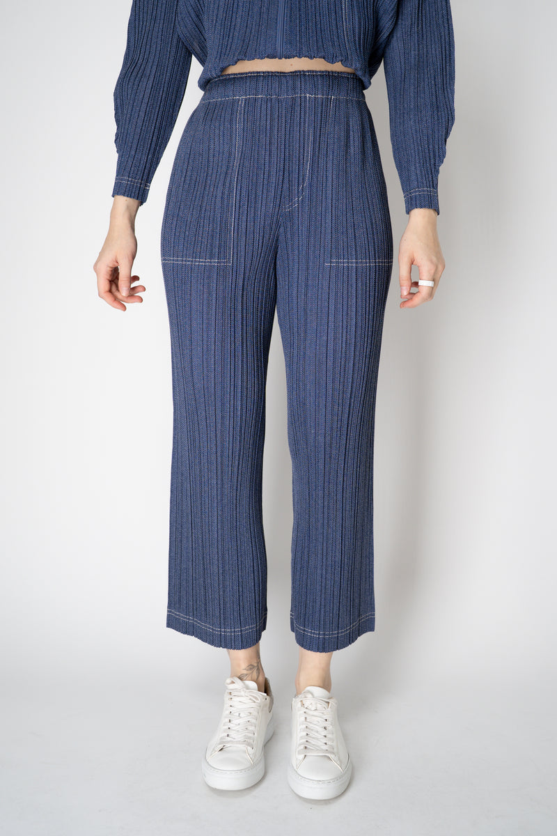 Pleats Please Issey Miyake Cotton Denim Straight Leg Pants in Medium Blue Wash