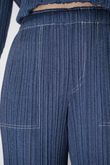 Pleats Please Issey Miyake Cotton Denim Straight Leg Pants in Medium Blue Wash
