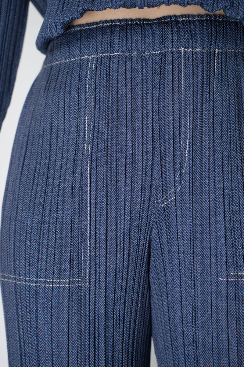 Pleats Please Issey Miyake Cotton Denim Straight Leg Pants in Medium Blue Wash