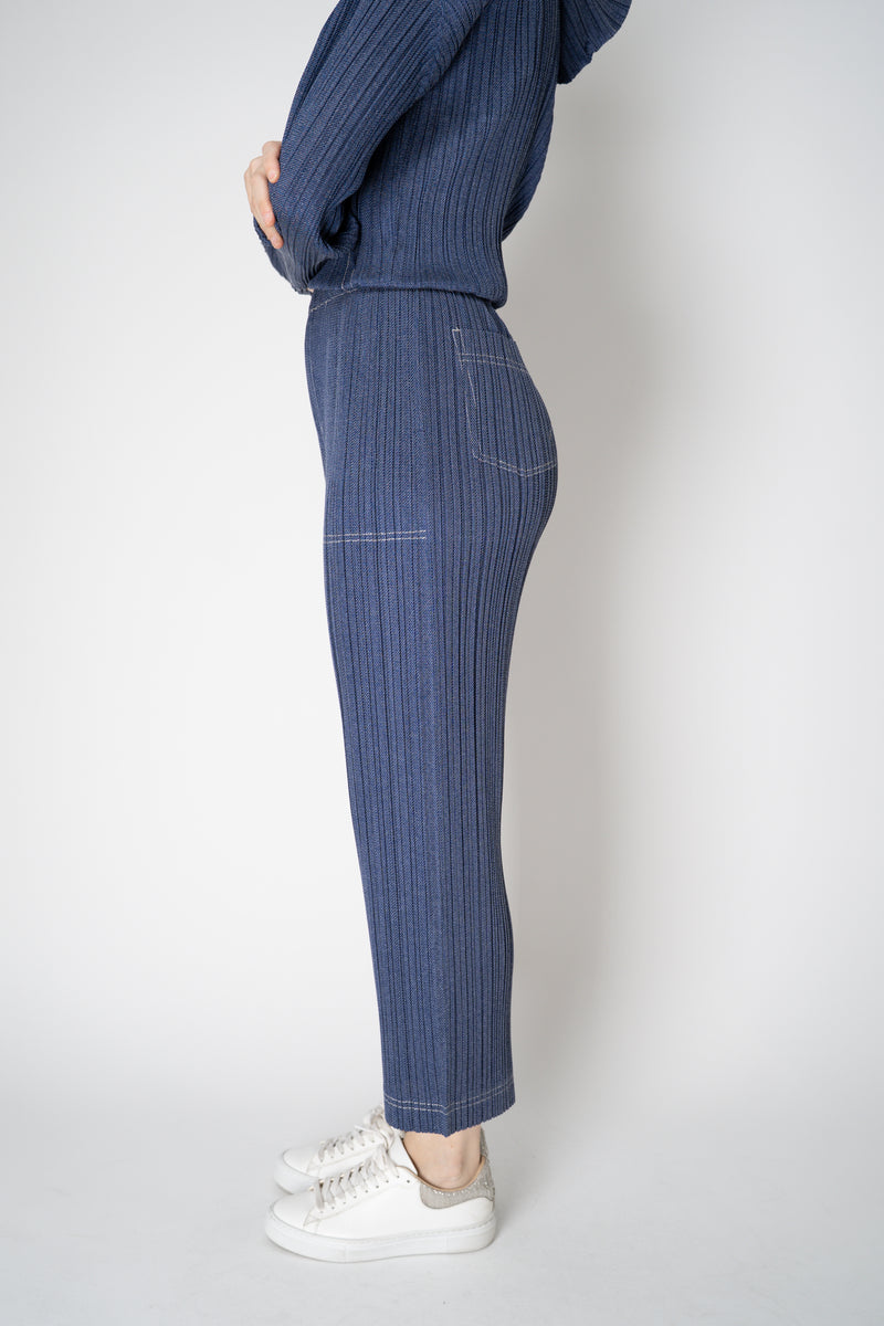 Pleats Please Issey Miyake Cotton Denim Straight Leg Pants in Medium Blue Wash