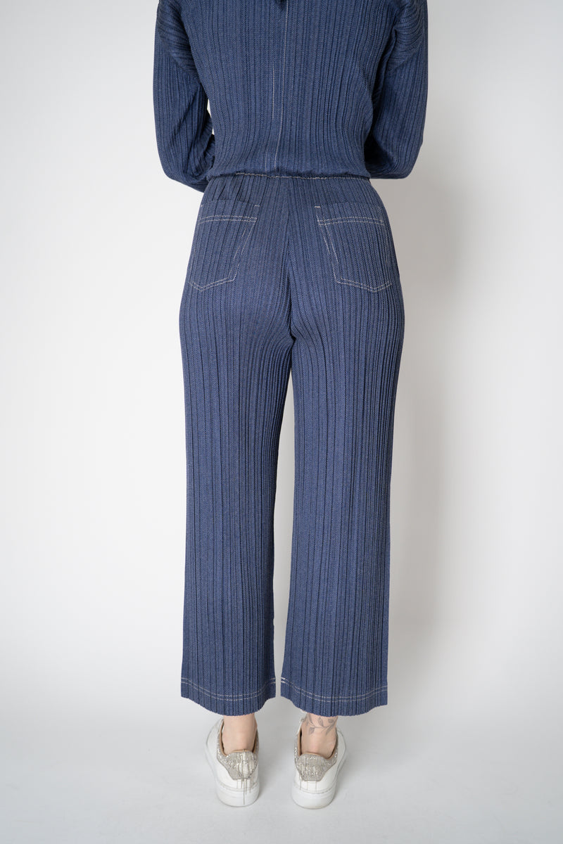Pleats Please Issey Miyake Cotton Denim Straight Leg Pants in Medium Blue Wash