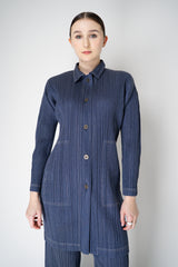 Pleats Please Issey Miyake Cotton Denim Collared Coat in Medium Blue Wash